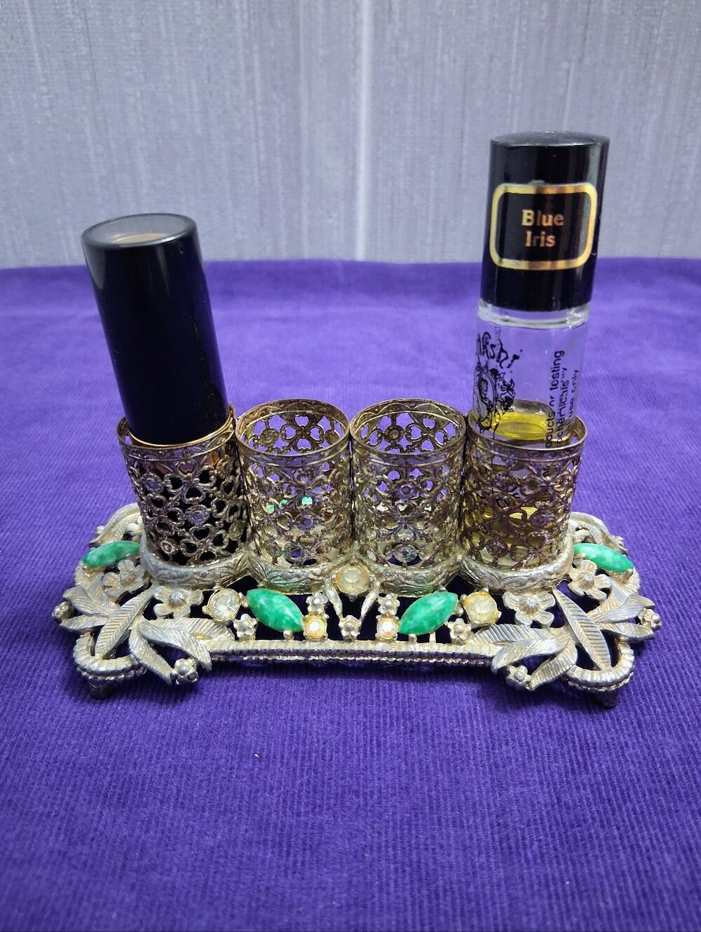 Vintage Sears Roebuck Lipstick Holder Rhinestones Silver Tone Patina 4 Spaces